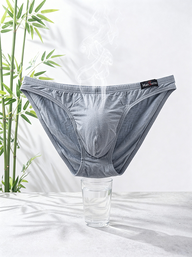 将灰色男士三角内裤按照参考图的摆放方式，覆盖在装满水的玻璃杯口，展示布料透气性，保持内裤上的ManSerno品牌Logo原样不变，保持内裤主体物理结构不变，保留左上角的竹子绿植和袅袅蒸汽，商业高调摄影，柔和漫射光，清晰的布料纹理，前中后景层次清晰，保留透气的烟雾效果。负向提示词：Logo变形，文字错误，比例失调，内裤扭曲，昏暗光线，死黑阴影，水印
