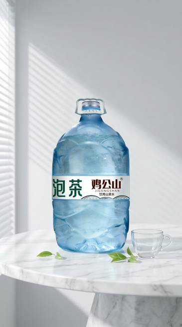现代简约北欧风竖版手机海报，主体是大桶装鸡公山泡茶山泉水，保持产品原有Logo和文字内容不变，保持产品主体物理结构不变。放置在白色大理石桌面上，旁边点缀几片嫩绿茶叶和透明玻璃茶杯，背景是干净的浅灰色墙预览效果