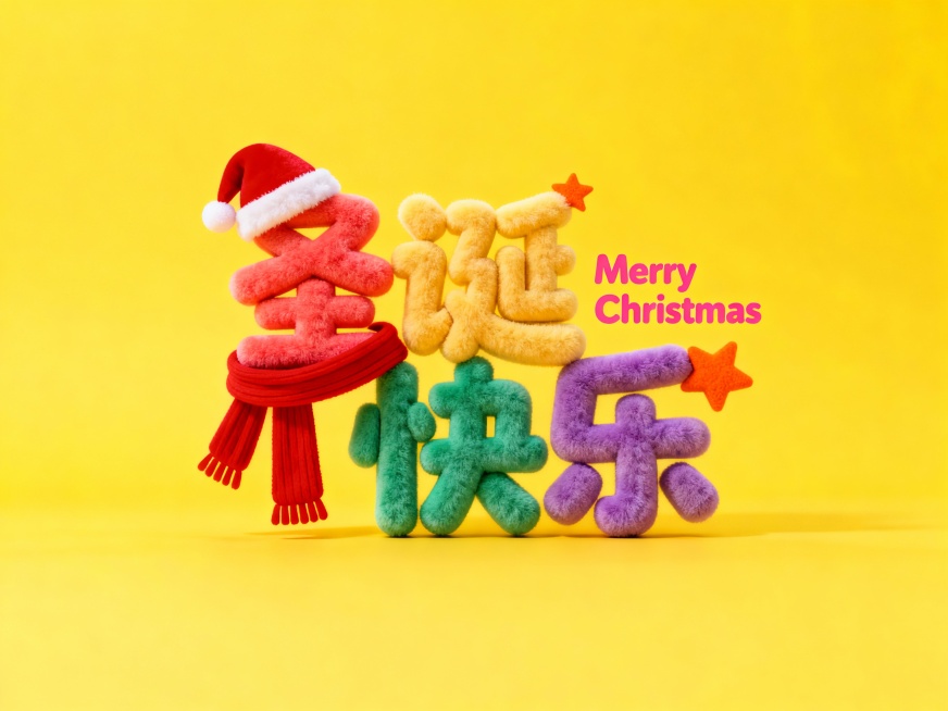 胖乎乎的毛绒质感的童趣立体字体设计“圣诞快乐”（每个字颜色不一样）。粉色英文“Merry Christmas”小字。字体上装饰红色圣诞帽、红色围巾、橙色星星等小元素，背景黄色，多巴胺配色预览效果