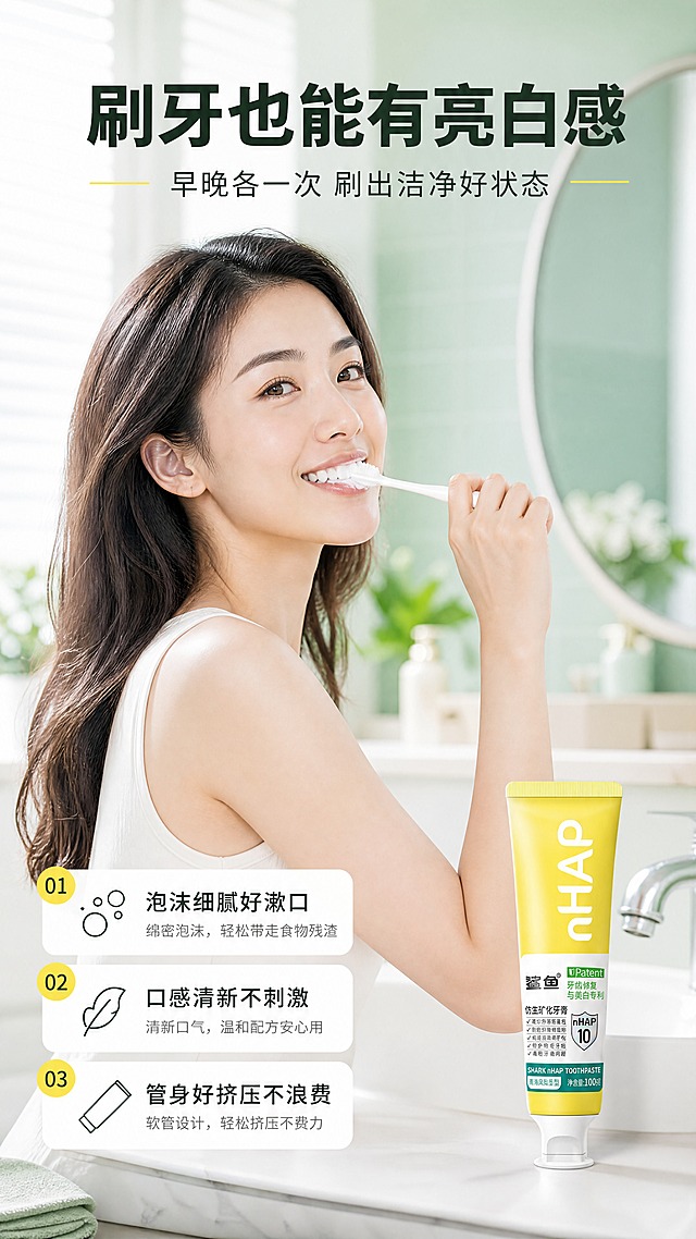 [商品] 使用【图1】柠檬黄款产品；商品处理：保留管身 nHAP 大字、白底标签、鲨鱼 Logo、专利徽章与“净含量100g”等原印刷内容，产品在画面下方置于白色台面并与人像自然同框，不改写商品本体文字。
[画面] 目标：真人使用状态展示，强化日常刷牙的洁净与舒适感。亚洲成年女性在明亮浴室镜前刷牙，侧脸四分之三角度、嘴角带绵密泡沫、神情放松自信，手持牙刷，牙膏管置于右下前景台面；人物占画面约55%，产品占约20%；前景为洗漱台与产品、中景为人物面部与手部、后景为虚化的镜面与薄荷绿墙砖；中近景景别，上中下分层的阅读动线。
[视觉] 套系策略：风格=清新洁净医研感高调商业摄影；标题字=现代无衬线粗黑体（圆润）；正文字=简洁无衬线中等字重；主色=洁净白＋薄荷绿；背景延展=基于洁净白与薄荷绿做深浅层级、同色渐变与细腻水光玻璃及纸感肌理；强调色=柠檬黄，仅用于小面积图标、引线、标签与局部光效；标题色=深墨绿；正文色=中暖灰；组件=圆角白卡信息条、细线引线、胶囊标签、圆形专利徽章；光影=窗侧柔光加面部补光，皮肤质感自然。
[文字] 顶部主标题“刷牙也能有亮白感”，其下副标题“早晚各一次 刷出洁净好状态”；左下角编号三条体验点“泡沫细腻好漱口”“口感清新不刺激”“管身好挤压不浪费”；文字横排、字号偏大，不遮挡人物面部与产品包装文字。
[规格] 图片比例9:16竖版，4K，避免变形、错字、文字过小、竖排或斜排文字、平台Logo水印二维码、夸张前后对比、牙龈问题等医疗暗示、冷蓝或冷灰主调背景、包装文字错乱。
