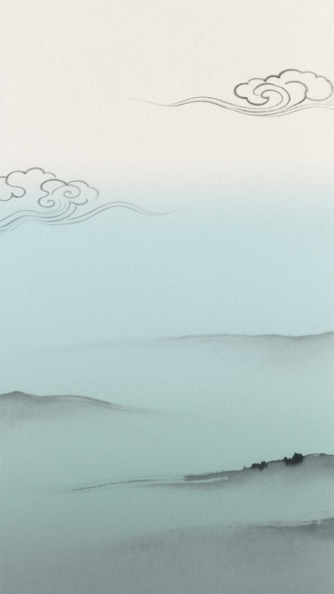 中国传统水墨风格的国风渐变背景，上部为淡雅的米白色，中部过渡为柔和的浅青色，底部为温润的灰绿色，整体呈现出自然流畅的纵向色彩渐变效果。背景中融入细腻的宣纸纹理，带有轻微的笔触质感和淡雅的墨色晕染痕迹。画面大面积留白，仅在顶部和中部点缀几缕若隐若现的淡墨祥云图案，整体营造出宁静悠远、清新雅致的东方美学意境。预览效果