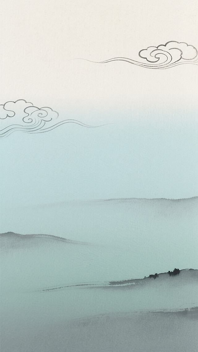 中国传统水墨风格的国风渐变背景，上部为淡雅的米白色，中部过渡为柔和的浅青色，底部为温润的灰绿色，整体呈现出自然流畅的纵向色彩渐变效果。背景中融入细腻的宣纸纹理，带有轻微的笔触质感和淡雅的墨色晕染痕迹。画面大面积留白，仅在顶部和中部点缀几缕若隐若现的淡墨祥云图案，整体营造出宁静悠远、清新雅致的东方美学意境。