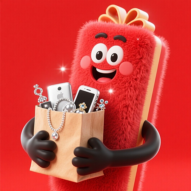 软3D风格的毛绒礼物盒拟人形象，萌趣十足，手持满载珠宝与手机的购物袋，红色背景烘托喜庆氛围，充满双11节日欢愉感。