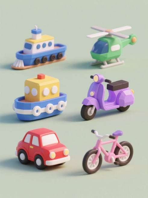 一组六个完全不同的卡通风格交通工具3D模型集合，包括一辆红色小车、一艘蓝色轮船、一辆黄色火车、一架绿色直升机、一辆紫色摩托车和一辆粉色自行车，每个交通工具都具有圆润的造型、光滑的表面、鲜艳的单一主体色彩和白色细节点缀，采用低多边形建模风格，具有柔和的高光和轻微的阴影，所有元素整齐排列在纯色背景上，整体色彩协调统一，保持相同的卡通玩具风格和视觉语言。预览效果