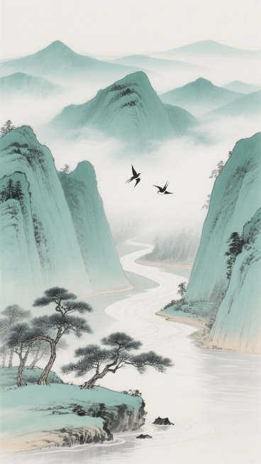 中国传统水墨风格插画，以青绿色调为主，描绘层叠起伏的远山，山间云雾缭绕，一条蜿蜒的河流从山谷间流淌而过，河岸边点缀着几棵苍劲的松树，两只飞鸟在空中翱翔，整体画面意境悠远，线条流畅，色彩清雅，具有浓厚的东方美学韵味，留白恰到好处，营造出宁静祥和的氛围。预览效果