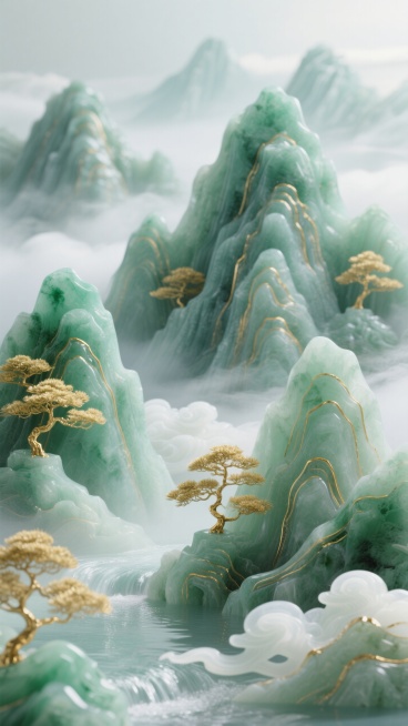 新中式玉雕山水艺术，以青绿色玉石质感塑造层峦叠嶂的山峰，表面用鎏金线条勾勒轮廓与纹理，点缀金色松树，搭配乳白半透明的云雾和水流，营造温润典雅、富有东方禅意的立体浮雕意境预览效果
