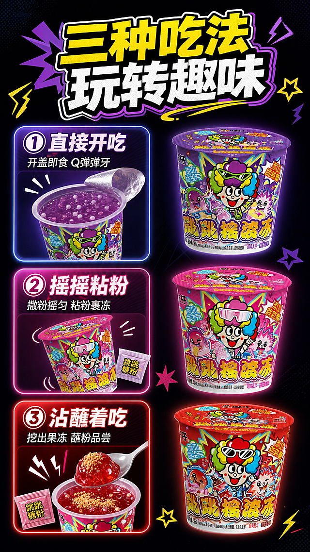 [第3屏] 吃法教学展示-旺仔摇滚冻三种吃法分栏介绍。本屏使用【图1】产品参考。
[氛围/风格] 炫酷年轻化风格，深色炫酷背景，步骤清晰直观，设计活泼。
[元素布局] 上方标题，下方三个竖栏分别展示一种吃法，每个吃法配示意图位置，产品包装展示在右侧，整体饱满不拥挤；保持产品外观和包装文字与原图一致。
[光影质感] 均匀明亮照明，每个吃法卡片带有浅蓝渐变发光边框，层次清晰。
[配色色系] 全局底色#121212；主色黄白；辅助色使用紫、粉、红分别对应三个口味区分。
[视角构图] 纵向三栏排版，每个吃法独立分区，阅读从上到下，清晰流畅。
[文字版式] 主标题「三种吃法 玩转趣味」，第一种吃法标注「① 直接开吃」配文字「开盖即食 Q弹弹牙」；第二种吃法标注「② 摇摇粘粉」配文字「撒粉摇匀 粘粉裹冻」；第三种吃法标注「③ 沾蘸着吃」配文字「挖出果冻 蘸粉品尝」；每个吃法标题使用对应口味颜色，文字清晰，排版整齐，不遮挡主体。
[比例分辨率] 9:16 竖版比例，4K分辨率，文字清晰可辨，高清画质。
[负向提示词] 排版混乱，产品变形，文字错位，颜色偏差，水印。