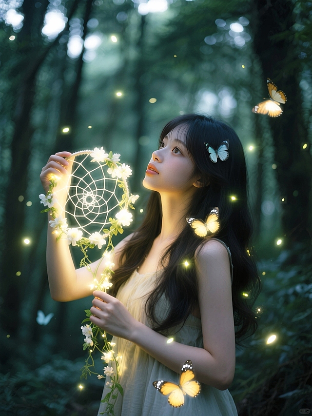 梦幻森林中，少女手持发光捕梦网，蝴蝶环绕，光影流转，水彩风与粒子效果交织，营造唯美浪漫的虚拟现实意境。