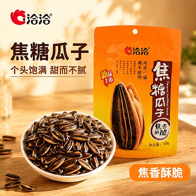 [主图-1] 洽洽焦糖瓜子休闲零食首图展示
[氛围风格] 食欲感满溢，暖调休闲氛围
[画质] 商业摄影质感、光线柔和通透、产品清晰真实、画面干净高级
[元素] 洽洽焦糖瓜子包装袋整体完整置于画面右侧，左侧摆放盛有饱满瓜子的白瓷碗，瓜子颗颗清晰纹理自然，散出淡淡焦糖光泽，保持产品外观（即物理结构、材质质感、颜色）与输入产品图绝对一致，杜绝任何变形和色差，精细化处理。左上角保留原品牌“洽洽”Logo，自然融入不遮挡主体。商品主体占比严格控制在70%左右，画面满屏无边框。背景为温暖浅原木色温馨餐桌质感，自然不抢主体
[光影] 自然暖阳逆光，突出瓜子焦糖纹理通透感，光线均匀柔和，高光不过曝暗部有层次，整体暖调明亮通透
[配色] 主色调为焦糖暖橙，搭配原木浅棕和瓜子深褐，色彩和谐诱人
[视角构图] 平视角度，主体居中偏右，前后景层次分明，景深适中，产品完整不裁切
[文字版式] 左上角Logo下方负空间左对齐，大字文案“焦糖瓜子”深棕色粗体无衬线，下方辅助文案“个头饱满 甜而不腻”约半高同色系。右下角圆角浅橙标签“焦香酥脆”白字，清晰醒目，文字均不遮挡主体
[输出要求] 1:1 比例，文字清晰锐利，超高清商业摄影质感
[负向提示词] 变形，文字错乱，产品图模糊，背景杂乱，水印，电商平台Logo，绝对化违禁词