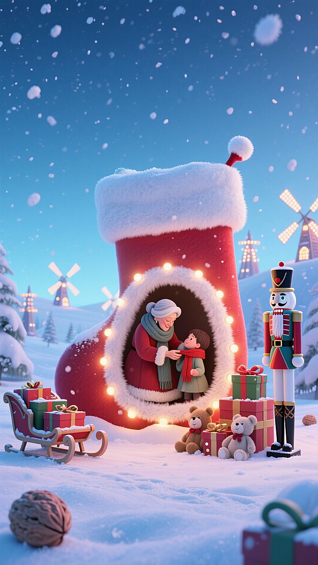 覆雪的巨型圣诞袜立体场景：内部毛绒空间里，圣诞老婆婆正给孩子系围巾，暖灯绕袜口、旁堆礼盒和毛绒玩具；外部左侧雪橇载礼盒，右侧立着胡桃夹子。背景浅蓝渐变夜空飘绒絮雪，远处亮灯风车错落。