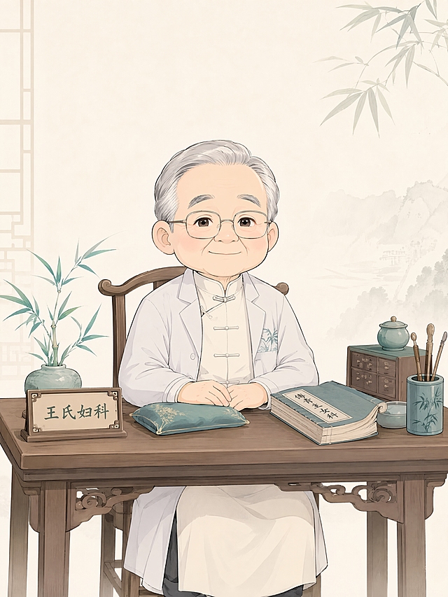 老年男性名医王辉萍，Q版动漫国风，三头身圆润人物，细框眼镜，米白长衫搭配浅灰色医生外套，慈祥温和的表情，端坐于中医诊桌前。桌上摆放脉枕、医案、《傅青主女科》古籍、小型"王氏妇科"牌匾。背景为浅淡书卷暗纹，淡米白底色，竹青色点缀。清爽低饱和配色，柔和平涂，干净细描边，画面留白充足，无文字水印。