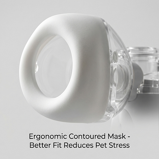 [Amazon Main Image 3] Close-up of Unique Fit Mask. Macro shot focusing on the mask of the pet nebulizer. Show the ergonomic curved contour of the mask that fits pet faces better, comfortable soft material texture. Keep all product features 100% consistent with input image. Soft side lighting highlights the shape and material, clean light gray background, sharp focus. English text: "Ergonomic Contoured Mask - Better Fit Reduces Pet Stress". All text in English, no Chinese characters. 1:1 square ratio, 2k resolution, ultra HD. Negative prompt: deformation, watermark, text error, blurred product, Chinese characters, distortion, overexposure.