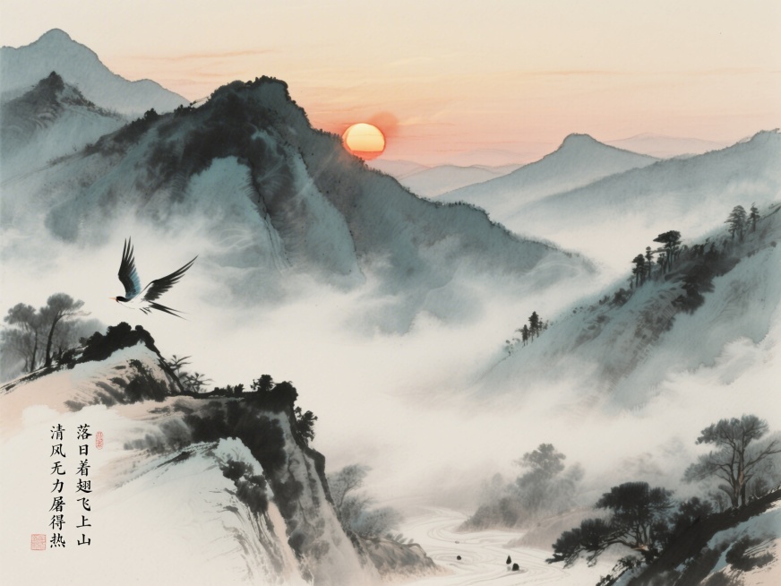 盛夏傍晚，山间热浪蒸腾，清风微弱无力没法驱散暑气，落日像生了翅膀落在山巅迟迟不肯落下，画面左下角留白处题写诗句“清风无力屠得热，落日着翅飞上山”，中国水墨画风格，淡墨晕染预览效果
