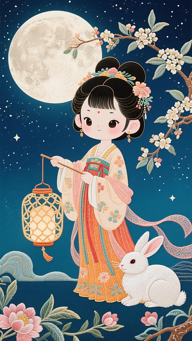 工笔刺绣风插画，少女持灯伴玉兔，月下花枝映满月，融合中式古典与梦幻唯美，尽显中秋佳节的优雅可爱。