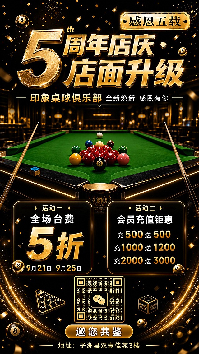 以参考图为版式模板，重新设计一张高端黑金风格的桌球俱乐部5周年店庆海报，竖版9:16，更贴合台球主题：

【整体风格】深邃黑色背景，金色为主色调，融入更多台球元素，如散落的台球、球杆、三角架、巧克粉等装饰，营造专业桌球俱乐部氛围。

【顶部区域】右上角保留金色标签"感恩五载"。主标题为超大金色立体字"5周年店庆·店面升级"，金属质感强烈，周围点缀金色礼花碎片和星点粒子。副标题为"印象桌球俱乐部 全新焕新 感恩有你"，其中"印象桌球俱乐部"为金色粗体凸显。

【中部主视觉】一张专业斯诺克球桌占据画面中心，绿色台呢质感细腻真实，球桌上精心摆放多颗彩色台球（红球、彩球、黑八等），呈开球前的专业摆球姿态，球桌边缘有金色灯光勾勒轮廓，背景虚化呈现俱乐部内景暖光氛围。球桌两侧可加入斜放的台球杆装饰。

【活动卡片区域】球桌下方左右并排两张黑金玻璃拟态圆角卡片，金色边框：
- 活动一卡片：顶部金色小字"活动一"，主标题白色粗体"全场台费"，金色超大立体字"5折"凸显，底部金色日期"9月21日-9月25日"
- 活动二卡片：顶部金色小字"活动二"，主标题白色粗体"会员充值钜惠"，下方三行金色数字："充500送500"、"充1000送1200"、"充2000送3000"

【底部区域】活动卡片下方居中放置黑金配色微信二维码（金色点阵+黑色底+金色边框），清晰可识别。二维码下方是金色圆角渐变按钮，内有白色粗体"邀您共鉴"。最底部金色小字地址："地址：子洲县双壹佳苑3楼"（注意是双壹，不是双喜）。

【装饰元素】金色光带从底部两侧向上延伸，金色粒子、光斑、礼花碎片散布画面，台球主题元素（小台球图标、球杆剪影）点缀空白处。整体版式精美，黑金高端质感，层次分明，所有文字清晰锐利无锯齿，数字精确渲染。