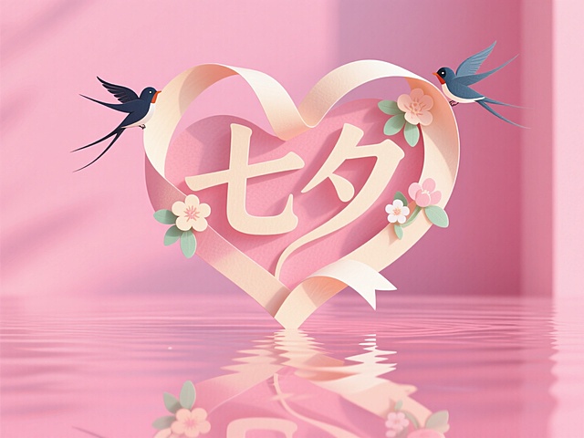竖向浅色文字"七夕"，字体有丝带组成，组成外形跟爱心类似的形状，线条流畅，纸雕艺术字。创意字体设计点缀两只喜鹊、左右各1只，花朵元素，童趣活泼。粉色背景，浪漫七夕氛围。倒影在水中