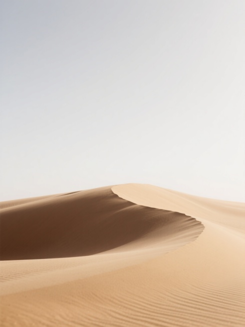 中景镜头，纯净白色渐变背景下，细腻柔和的米黄色沙丘曲线占据画面下方，上方柔和光线洒落形成轻微明暗对比，深棕黄色阴影清晰，沙粒质感尽显，宁静开阔极简的干净沙漠背景素材，沙子细腻流动感尽显。预览效果