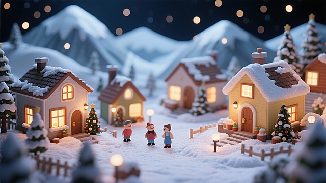 生成1张pc端桌面壁纸，冬天的夜晚，一片白茫茫的雪地里矗立着几户开着灯的人家，一些人家门前装饰了圣诞树，远处是连绵的山川，画面采取微缩场景风格，氛围温馨，16k画质，超高分辨率。