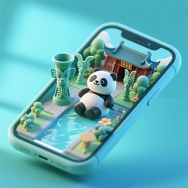 软3D风微缩艺术场景，熊猫与古风建筑萌趣互动，清新柔和色调传递舒适可爱感，卡通化设计融合传统文化元素。