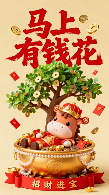 c4d渲染。核心是一只卡通化的财神小马，头戴红金相间的传统官帽，身穿红金配色的喜庆服饰，表情憨态可掬，慵懒地倚靠在金色聚宝盆中。聚宝盆内堆满金元宝、铜钱与红包，盆边缘漏出珍珠装饰；后方立着一棵枝繁叶茂预览效果