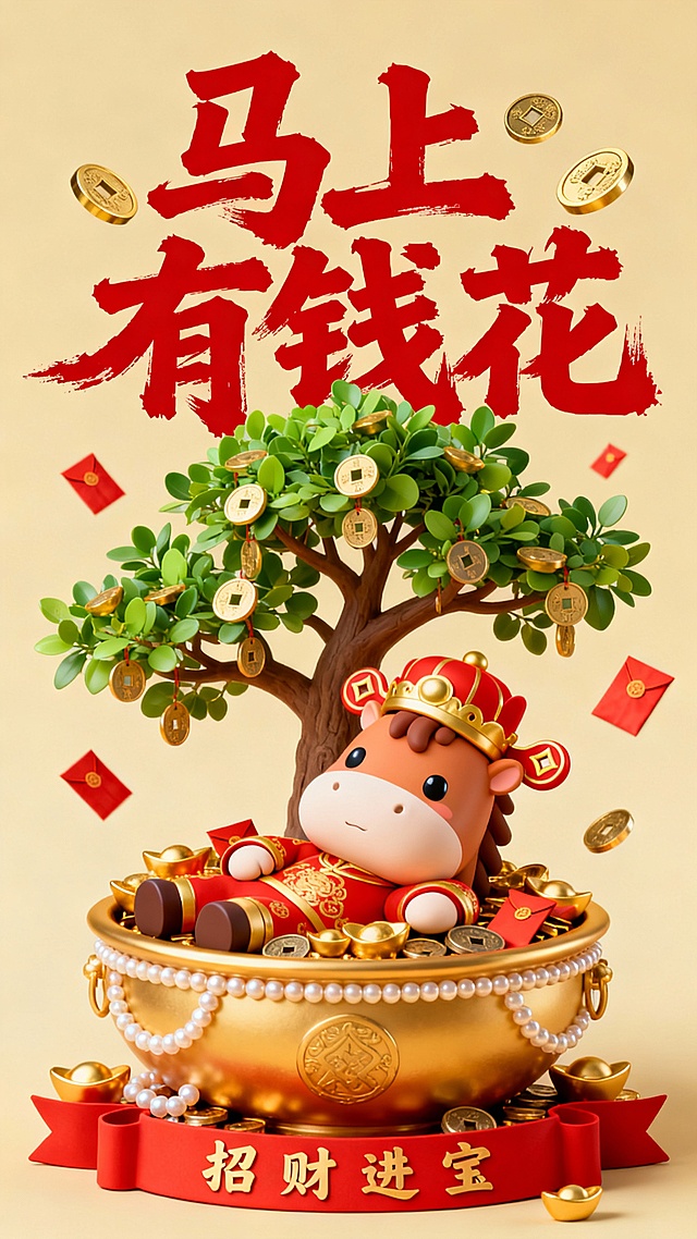 软3D风卡通牛拟人化，鎏金盆中满载元宝与红包，钱树挂满金币，红字“马上有钱花”喜庆跃动，金属质感与可爱元素融合，营造新春招财进宝的吉祥氛围。