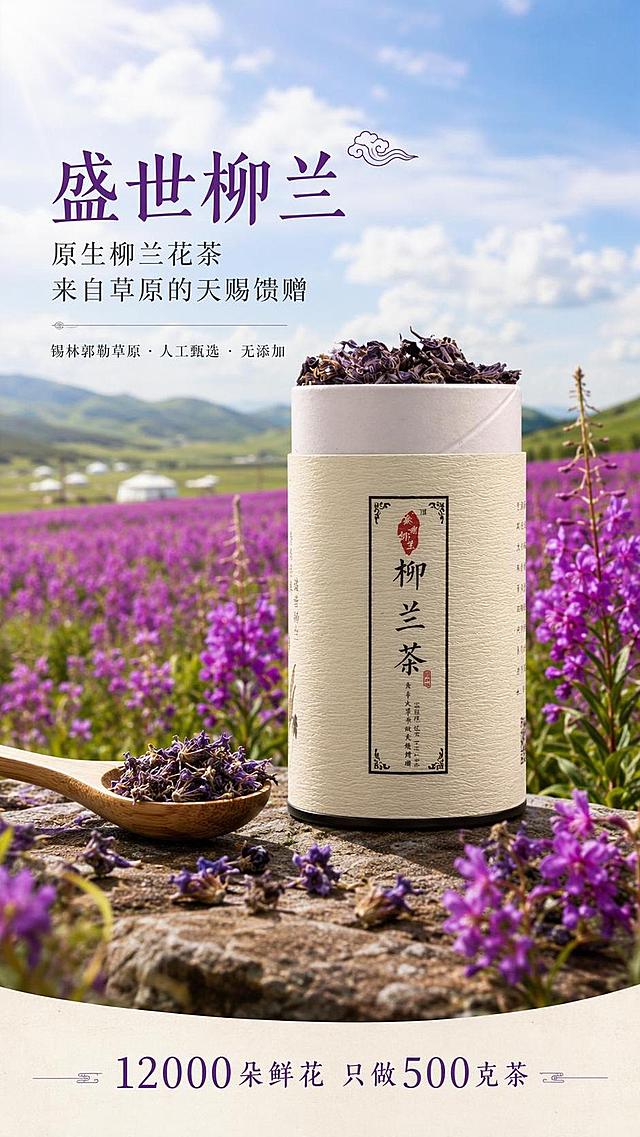 [第1屏] 详情页头图-柳兰茶纸罐产品全貌与原生花海国风海报。本屏使用【图2】作为产品纸罐主体，【图9】作为原生柳兰花海背景参考。
[氛围/风格] 东方雅致国风，大气开阔，商业摄影质感，突出草原原生花茶的天然珍贵。
[元素布局] 画面中央偏右放置柳兰茶米白色纸罐（使用【图2】），罐身标签清晰写有「柳兰茶」书法字与红色印章，纸罐顶部露出紫色干花苞，产品占比约45%-50%，纸罐外观、颜色、标签文字与输入产品图完全一致；背景为锡林郭勒草原原生柳兰花海（参考【图9】），紫色花田连绵至远山，蓝天白云，做虚化处理占屏约60%；前景散落数朵紫色柳兰花苞；左下角有木勺盛着干花点缀；整体层次丰富，不少于3层视觉元素。
[光影质感] 左上方自然日光，纸罐纹理清晰有质感，干花紫色通透，花海光影层次分明，整体明亮大气。
[配色色系] 全局底色 #F8F5EF（米白宣纸色）；主色 #6A2E8F（深紫柳兰色）、#7BA05B（草原绿）；辅助色 #87CEEB（天空蓝）、#D64545（印章红）。
[视角构图] 正面微仰视，产品纸罐为视觉中心，阅读动线左上标题 → 中心产品 → 底部核心数字。
[文字版式] 版式为左上标题 + 中心产品 + 底部核心数字条。主标题「盛世柳兰」，副标题「原生柳兰花茶 来自草原的天赐馈赠」，温润宋体书法感；标题下方小字「锡林郭勒草原 · 人工甄选 · 无添加」；底部大数字「12000朵鲜花 只做500克茶」，两侧装饰线条；文字不遮挡产品主体；全套标题使用温润宋体路线，字色为深紫色与深灰色两种。
[比例分辨率] 9:16 竖版比例，4K分辨率，文字清晰可辨，高清画质。
[负向提示词] 纸罐变形，标签文字错乱，颜色偏差，水印，文字错乱，产品图模糊，背景杂乱，缺件错件。