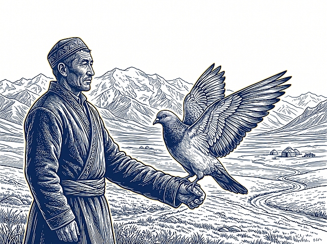 版画风格的纯线描插画，对比强烈，画面丰富，线条流畅清晰根根分明，以纯白色为背景，画面线条为靛蓝色，8K超高清画质，绝对主体是镜头最近处准备起飞的高原鸽，焦点100%锁定鸽子，羽翼半展，羽毛纹理清晰，画面左侧侧身站立柯尔克孜族牧民，古铜色皮肤带高原红，凝视远方若有所思，右臂前伸，鸽子站在其小臂上，背景是帕米尔高原草场、连绵雪山、澄澈蓝天，清晨侧逆光，金色轮廓光，苍茫静谧的史诗氛围，右上方大面积留白