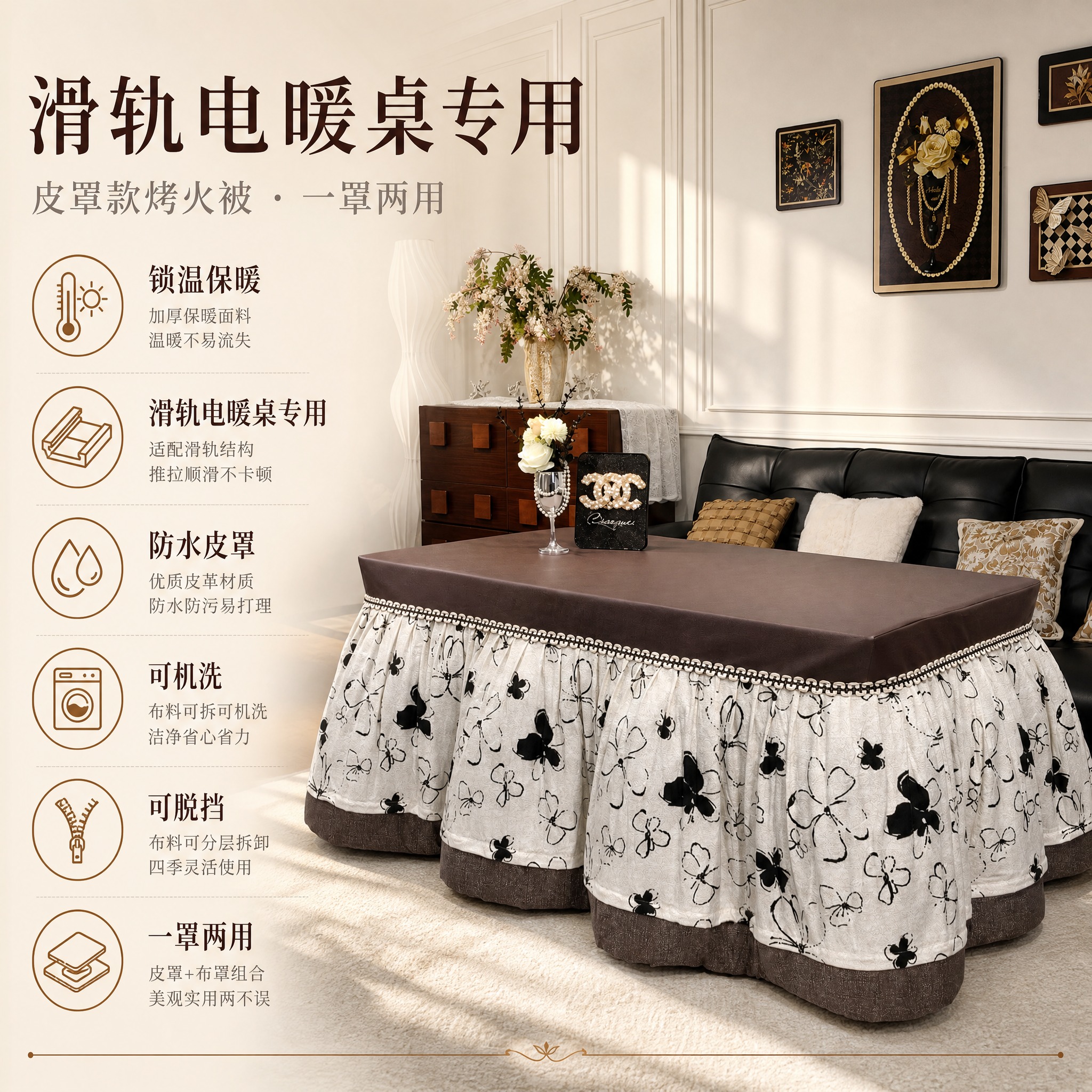 [主图-5] 皮罩款烤火被 滑轨电暖桌专用适配与一罩两用卖点总… - 图片创意预览