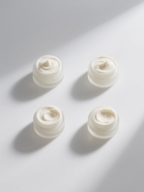 极简主义风格静物摄影，纯白背景，四个不同形态的膏体素材规整排布，每个膏体保留细腻的奶油质感、柔和的高光反射及自然的边缘弧度，光线从侧上方照射形成浅灰色投影，整体造型简约现代，无文字、无logo、无水印，画面干净纯粹，突出膏体本身的形态美感与材质细节。预览效果