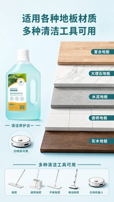 [第7屏] 适用范围展示-适用于各种地板材质多种清洁工具。
[氛围/风格] 清晰展示风格，浅蓝色调，干净整洁，直观明了。
[元素布局] 页面顶部大标题，中部阶梯式展示各种地板材质：复合地板、大理石地板预览效果