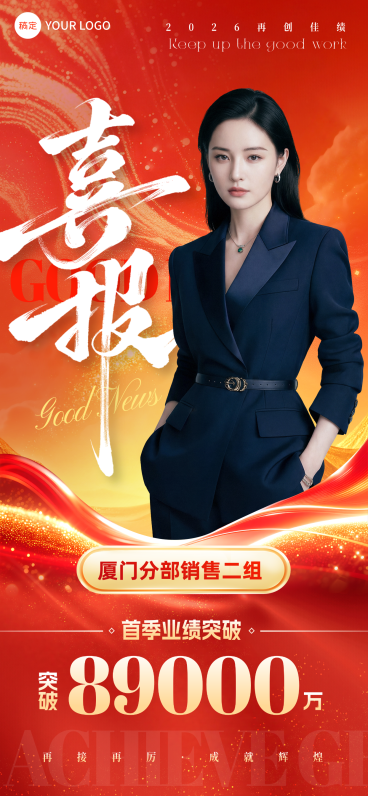 业绩喜报国潮风全屏竖版海报预览效果