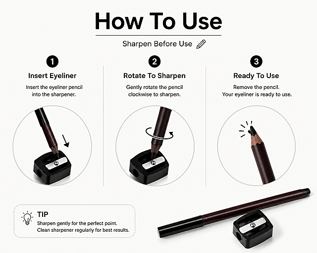 [第6屏] 使用教程屏，展示SNAILGIRL眼线笔的使用方法，提示Sharpen Before Use。本屏使用【图4】作为产品和卷笔刀主体。
[氛围/风格] 步骤清晰的教程风格，简约直观，易懂好用。
[元素布局] 分三个步骤横向排版：第一步 "Insert Eyeliner"，展示将眼线笔插入卷笔刀；第二步 "Rotate To Sharpen"，展示旋转削笔动作；第三步 "Ready To Use"，展示削好的笔尖；每个步骤配对应的小示意图，右下角放置完整产品组合；产品和卷笔刀结构、颜色与输入图一致。
[光影质感] 均匀柔光，每个步骤区域光照均匀清晰，产品细节可见。
[配色色系] 全局底色 #f5f5f5，每个步骤用浅灰细线分割，深棕产品，文字黑色，配色干净教程感强。
[视角构图] 横向三步骤等分构图，从上到下标题 → 三步骤 → 右下角产品，阅读顺序清晰。
[文字版式] 顶部大标题 "How To Use"，每个步骤配标题和简短说明，字体清晰大小适中，全部英文。
[比例分辨率] 4:3横版，4K分辨率，文字清晰可辨，高清画质。
[负向提示词] 步骤错乱，产品变形，结构错误，中文字符，文字过小，水印