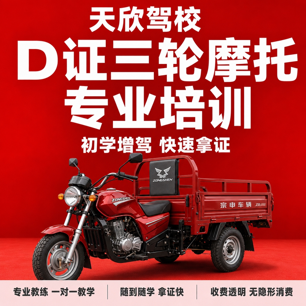 基于参考图的驾校红底白字风格，生成天欣驾校D证三轮摩托车驾照培… - 图片创意预览