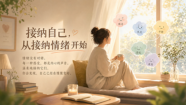 公众号配图，题目为"接纳自己，从接纳情绪开始"，治愈温暖风格，柔和色调，画面展示平静的内心状态，有一个人物坐在窗边感受情绪流动，整体舒适松弛，适合公众号文章内配图
