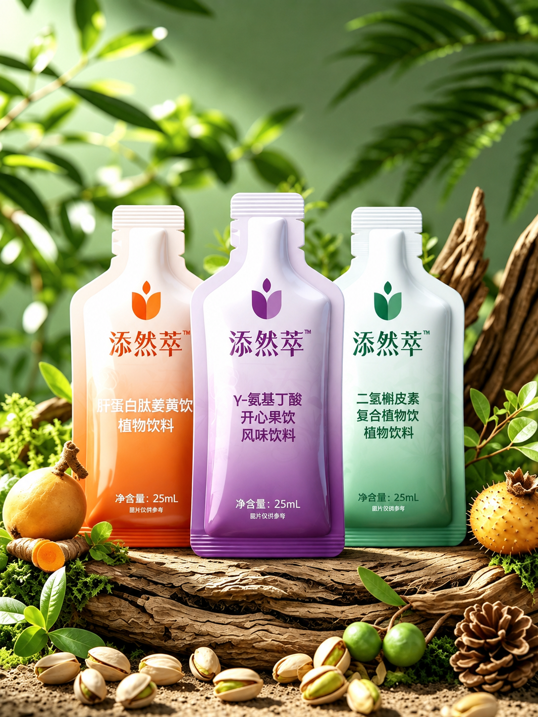 将图中的三款添然萃饮料瓶替换为参考图中的三款产品外观：左瓶为橙… - 图片创意预览