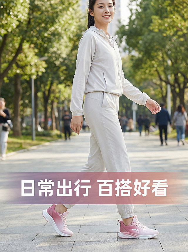 [商品详情图 9] 场景穿搭展示-日常出行
[氛围风格] 生活化场景风
[画面元素] 商业摄影质感，光线自然柔和，氛围轻松。一位年轻女生穿着粉色渐变运动鞋，搭配浅色运动套装，在城市公园步道行走，自然动态抓拍，展示日常穿搭效果，保留运动鞋原有外观和设计。
[文字版式] 底部放置标题「日常出行 百搭好看」白色字体，半透明渐变背景，不遮挡鞋子主体，清晰易读。
[配色色系] 自然户外场景色调，保留鞋子原有粉白渐变配色
[比例分辨率] 3:4比例，2k分辨率，文字清晰可辨，超高清
[负向提示词] 变形，水印，文字错乱，鞋子颜色失真，背景杂乱，遮挡主体