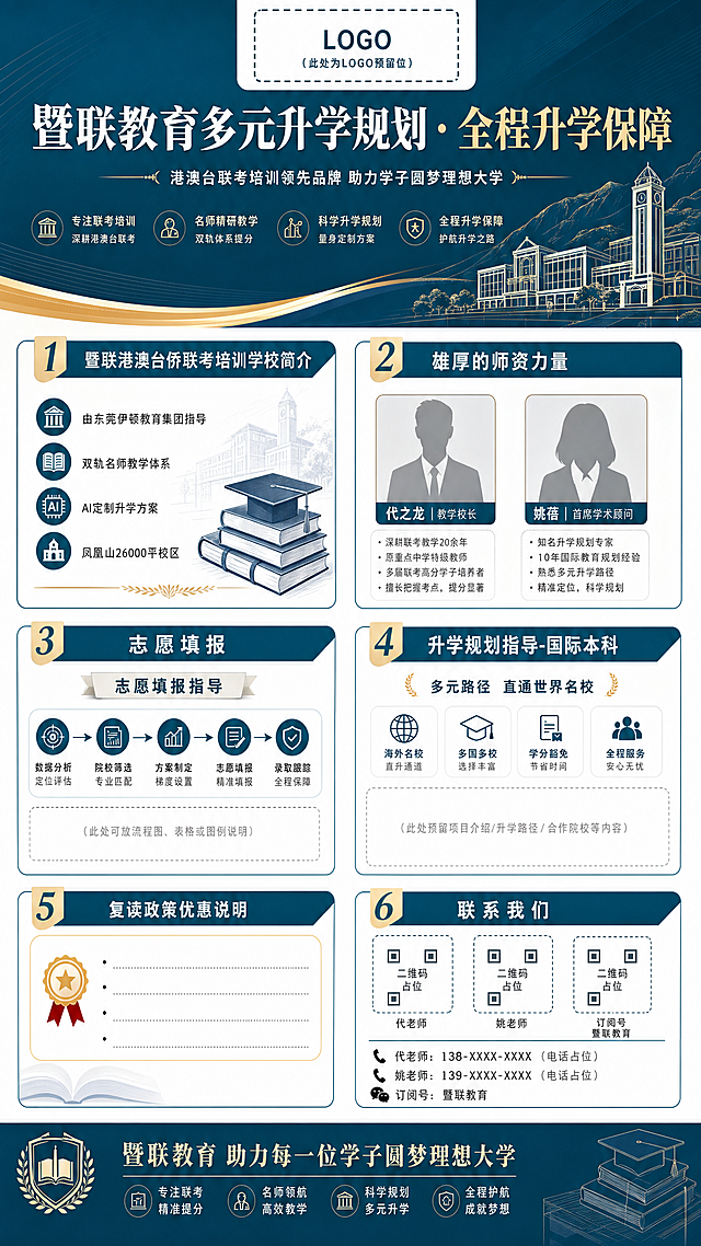 结合港澳台联考行业，生成一份宣传单，主色调用#03586c
最上面（预留logo位置）

标题：暨联教育多元升学规划・全程升学保障
1.暨联港澳台侨联考培训学校简介
暨联教育培训中心由东莞伊顿教育集团全程指导办学，依托集团深厚教育资源与成熟管理体系，以集团化办学为核心优势，标准化运营、全流程保障，为港澳台侨学生提供更规范、更可靠、更具实力的升学培养平台。
培训中心专注港澳台侨联考脱产全日制教学，打造双轨制名师团队—— 既有深耕联考多年、深谙命题规律的资深教研名师，又有擅长学情适配、精细化辅导的一线教学名师，双轨协同、精准施教。
依托先进的 AI 教学系统，为每位学生量身定制专属培养方案，从学习节奏、能力短板到升学目标三维精准匹配，进步可量化、成长可追踪，备考方向清晰高效。
校区坐落于风景秀丽的凤凰山脚下，占地26000 平方米，校园环境清幽雅致、硬件完备、学风浓郁，为联考学子营造沉浸式备考氛围，宜学宜静、助力专心冲刺。
2.雄厚的师资力量（预留2位老师形象照位置）
代之龙（教学校长）
语文高级教师，毕业于武汉大学
港澳台联考资深研究专家
曾任湖北高考语文阅卷组长
姚蓓（首席学术顾问）
曾任暨南大学华文学院预科部副教授
港澳台联考物理专家
专注联考物理教学30年以上
3.志愿填报框架（预留位置）

4.升学规划指导-国际本科（预留位置）

5.复读政策
（1）联考成绩>600分，学费全面
（2）文科：高分线<X<600分，学费优惠2万元
理科：高分线<X<620分，学费优惠2万元
（3）联考成绩<高分线，学费优惠1万元
在59800元的基础上做减免
6.联系我们（预留3个放二维码的位置）

周老师：19128728682

方老师：18927579105

订阅号