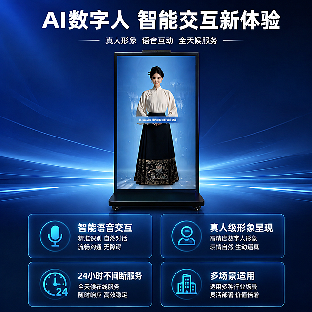 [主图-2] 核心价值总览——AI数字人智能交互解决方案，突出四大核心优势。
[统一基调] 科技感高端商务风格，冷色调科技蓝渐变背景，简洁大气。
[画面] 画面中央偏上位置展示数字人一体机作为主视觉产品（黑色立式大屏，屏幕内有穿汉服的女性数字人），产品占画面约40%。画面下方用四个圆角卡片呈2x2排列，分别对应四大核心卖点：1）智能语音交互（配麦克风图标）；2）真人级形象呈现（配人像图标）；3）24小时不间断服务（配时钟图标）；4）多场景适用（配建筑图标）。卡片之间有细微间距，整体布局平衡。
[光影质感] 商业摄影质感，主光从左上方照射，产品有立体感和真实材质表现，卡片有轻微阴影和光泽，科技感光效点缀。
[配色] 背景深蓝科技渐变，卡片为半透明深色玻璃质感，图标和强调色为亮青色，文字为白色。
[文字版式] 主标题在画面上方居中，大字白色粗体无衬线字体写"AI数字人 智能交互新体验"；副标题小字写"真人形象 语音互动 全天候服务"。每个卖点卡片内有图标+短标题，文字清晰可读，不遮挡产品主体。
[输出要求] 1:1正方形，2048px，产品清晰，文字清晰。负向：模糊、变形、错字、水印、杂乱、产品穿模。