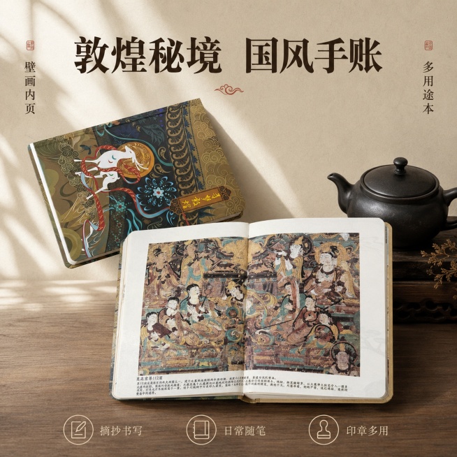 [单张主图] 敦煌壁画国风手账本，高级氛围感主图，国潮文创笔记本电商主图
[画面主体] 画面主体为打开的敦煌国风手账本和合上的封面本，产品放置在画面中下部，主体占比约50%；必须保持手账本封面的九色鹿预览效果