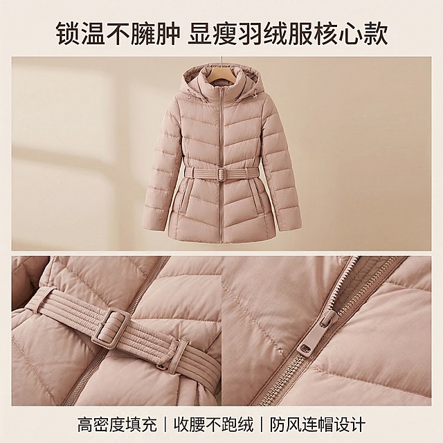 1:1正方形电商主图，韩系高级温柔通勤风，8K超高清写实微距摄影，杂志级精致排版，严格还原上传产品图中浅豆沙裸粉色收腰连帽羽绒服的所有细节：颜色、款式、绗缝纹理、收腰卡扣、拉链、连帽设计保持不变。画面采用上下分镜排版，上半部分为羽绒服整体版型展示，下半部分为收腰卡扣、绗缝面料、顺滑拉链的微距细节特写，暖调柔光均匀打光，凸显面料细腻质感与工整工艺，浅米色极简背景，画面干净通透。画面顶部居中主标题"锁温不臃肿 显瘦羽绒服核心款"，画面底部居中副标题"高密度填充 | 收腰不跑绒 | 防风连帽设计"，全图统一简约无衬线中文字体，排版精致不遮挡产品细节，整体画面高级有质感，面料与工艺细节清晰可见。负面提示词：羽绒服变形，颜色偏差，面料纹理丢失，细节模糊，字体杂乱，背景杂乱，水印，多余元素，光影过硬，产品比例失调，画面噪点多，褶皱杂乱，拉链卡扣变形，画面割裂