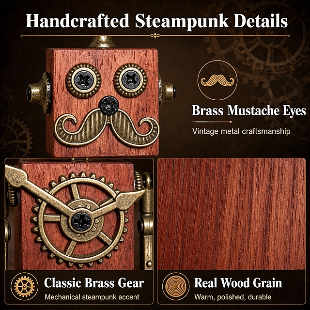 [主图2] Steampunk Wooden Robot Keychain 特色细节展示图。蒸汽朋克风格+实木材质+古铜齿轮/胡子细节。
[氛围风格] 复古蒸汽朋克风，细节特写，精致工艺感，商业摄影质感。
[画质] 商业摄影质感、细节清晰、材质真实、画面干净精致、工艺感强。
[元素] 画面采用三分区布局，展示三大特色细节：上方是机器人头部特写，展示金属眼睛（圆形金属边框+深色螺丝）、金属八字胡须、两侧圆柱形耳朵细节，配金属工艺图标，标注 "Vintage Brass Details"；左下是躯干中央古铜齿轮特写，展示齿轮齿牙清晰、中心螺丝固定，配齿轮图标，标注 "Classic Brass Gear"；右下是实木木纹特写，展示红棕色实木的清晰纵向木纹和温润质感，配木纹图标，标注 "Real Wood Body"；背景为深棕色复古背景，带淡淡的齿轮纹理元素；整体画面精致复古，工艺感强。
[光影] 柔和的棚拍光线，均匀明亮，确保每个细节都清晰展示；木块表面有柔和的高光，金属部件有细腻的反光；整体光线均匀，细节清晰。
[配色] 主色：深棕色复古背景；主品色：红棕色实木+古铜金属；强调色：古铜金 #B87333 +白色文字；整体复古精致，工艺感强。
[视角构图] 上大下小布局，上方头部特写为主要视觉，下方左右两个细节点；阅读动线：上头部特写 → 左下齿轮 → 右下木纹。
[文字版式] 顶部主标题 "Handcrafted Steampunk Details" 白色粗体大号，金色下划线；每个功能区配图标+加粗标题+小号说明：上方 "Brass Mustache  Eyes" - "Vintage metal craftsmanship"；左下 "Classic Brass Gear" - "Mechanical steampunk accent"；右下 "Real Wood Grain" - "Warm, polished, durable"；所有文字为英文，清晰可读。
[比例分辨率] 1:1 比例，1K分辨率，文字清晰锐利，超高清商业摄影质感。
[负向提示词] 变形，水印，错字，糊字，伪Logo，主体遮挡，背景杂乱，低清晰度，白底，纯白背景，防盗刷标识，防水标识，中文文字，中文字符。