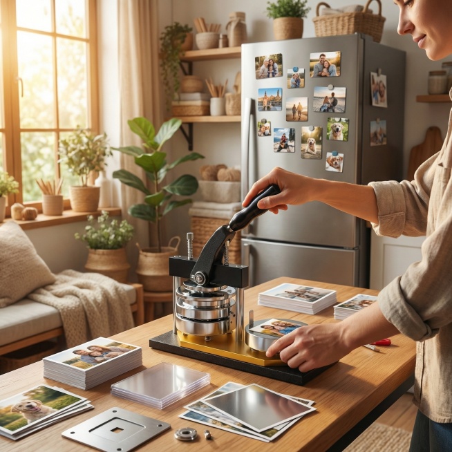 产品名称照片磁铁制作机，销售到美国，语言用英语，帮我生成一组亚马逊套图，涵盖主图、生活方式、卖点总览、场景图、材质工艺、尺寸参数预览效果