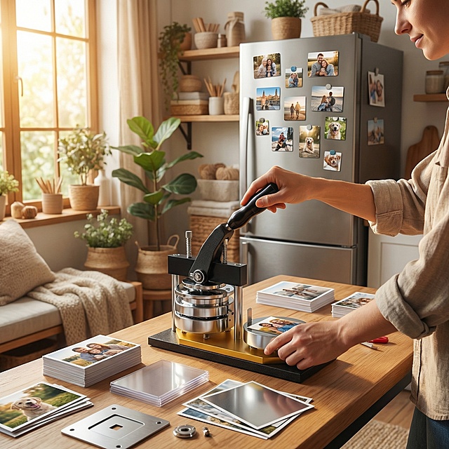 产品名称照片磁铁制作机，销售到美国，语言用英语，帮我生成一组亚马逊套图，涵盖主图、生活方式、卖点总览、场景图、材质工艺、尺寸参数