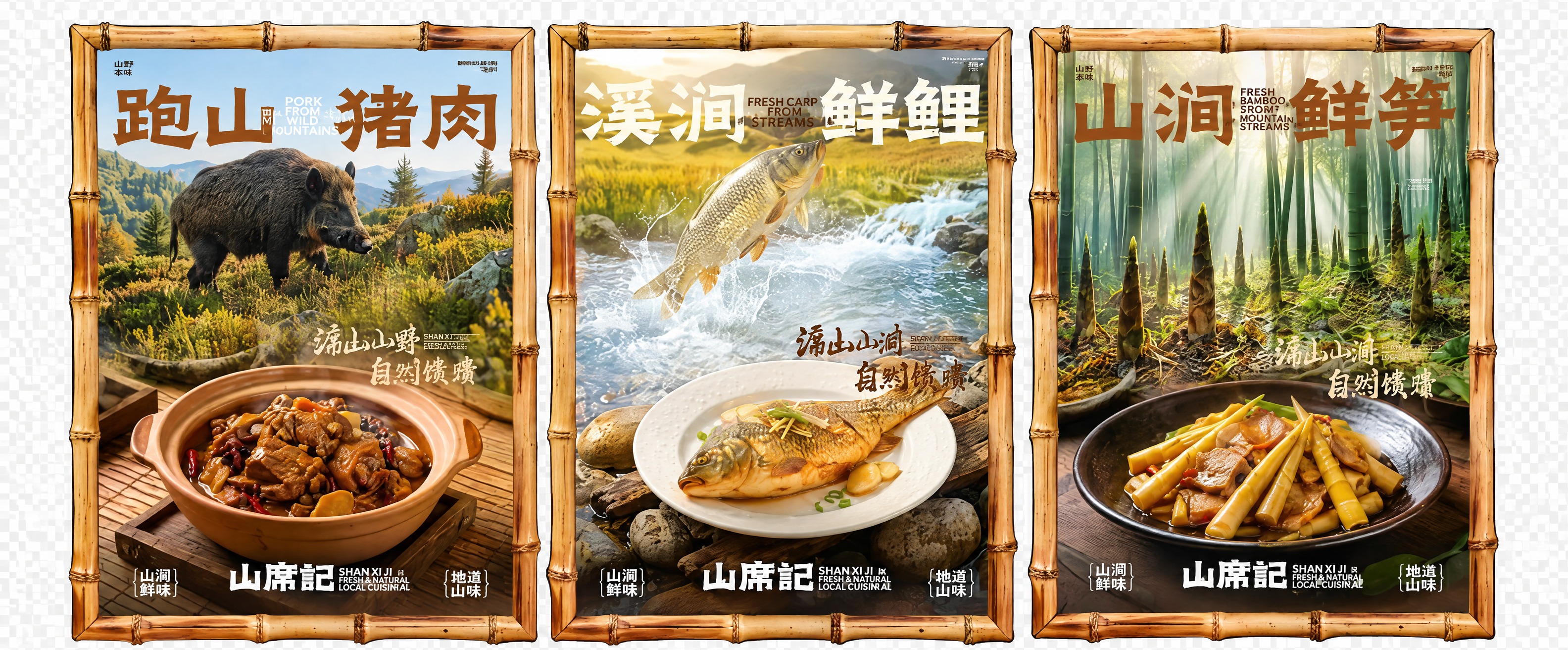 从这张图片中精确提取三个竹子相框海报元素，分别是左侧跑山猪肉、… - 图片创意预览