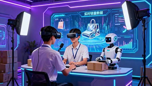 未来电商智慧直播间，中职生化身主播，通过 VR 设备实时切换商品展示虚拟场景，智能机器人助手在旁自动回复评论、统计订单，身后的全息投影屏同步呈现商品 3D 模型与实时销量数据，周围环绕着智能补光系统，赛博朋克风格，科技感拉满