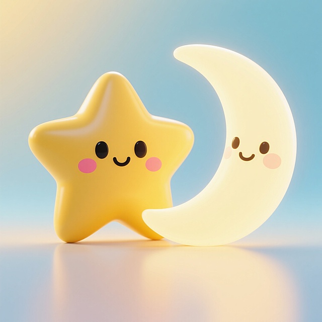 3D渲染风格的星星月亮组合场景，整体采用柔和的渐变色彩，主色调为明亮的黄色与柔和的蓝色，光影运用上有明显的顶部光源，创造出圆润饱满的高光和淡淡的阴影细节，物体表面呈现光滑细腻的塑胶质感，具有可爱的卡通风格。画面中包含一颗黄色的五角星和一个弯弯的月亮，两者都带有拟人化的表情，星星有着黑色的椭圆形眼睛和微笑的嘴巴，脸颊上有粉红色的红晕，月亮则有着同样可爱的表情特征。构图布局采用对称美学，星星和月亮在画面中占据主要位置，彼此之间有一定的互动感，营造出欢快明亮的氛围。整体设计简洁明了，视觉层级清晰，能够在短时间内传达出可爱、温馨的核心信息，符合儿童或年轻女性受众的审美，具有较强的亲和力和设计感。