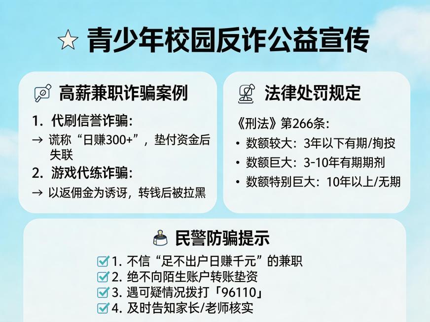 4:3比例未成年人反诈公益宣传单页，校园宣讲ppt，动漫风格浅蓝清爽背景，清晰排版。包含三个板块：青少年常见高薪兼职诈骗案例、对应的法律处罚规定、民警防骗提示。整体为合法普法内容，文字干净清晰。预览效果