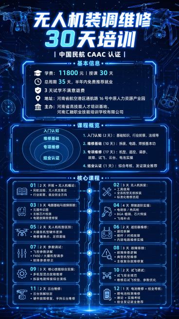 这是一张无人机装调维修职业技能培训招生海报，整体风格为科技赛博风。
主体文案：
顶部主标题："无人机装调维修 30天培训"，副标题："｜中国民航 CAAC 认证｜"，主标题使用蓝光外发光效果，学费和天预览效果