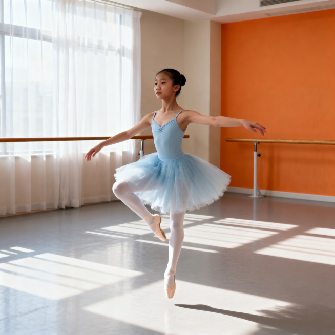生成一位14岁亚洲少女在舞蹈教室中跳芭蕾的高清纪实照片，1:1正方形构图。少女身形修长挺拔，面部清秀有少年感，低盘发，身着浅蓝色吊带芭蕾舞裙（裙摆蓬松及膝），白色连裤袜与浅色足尖鞋。她正处于优雅跳跃瞬预览效果