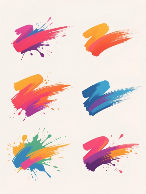 白色浅色背景上，六个不同配色、不同样式、不同笔触的笔刷元素规律排列，每个笔刷都具有鲜艳饱满的色彩，如同色彩飞溅的抽象艺术效果，展现出丰富的色彩层次和强烈的视觉冲击力，笔触富有动感和力量感，边缘带有自然的飞溅效果，整体呈现出一种现代、活泼且富有创意的氛围。预览效果
